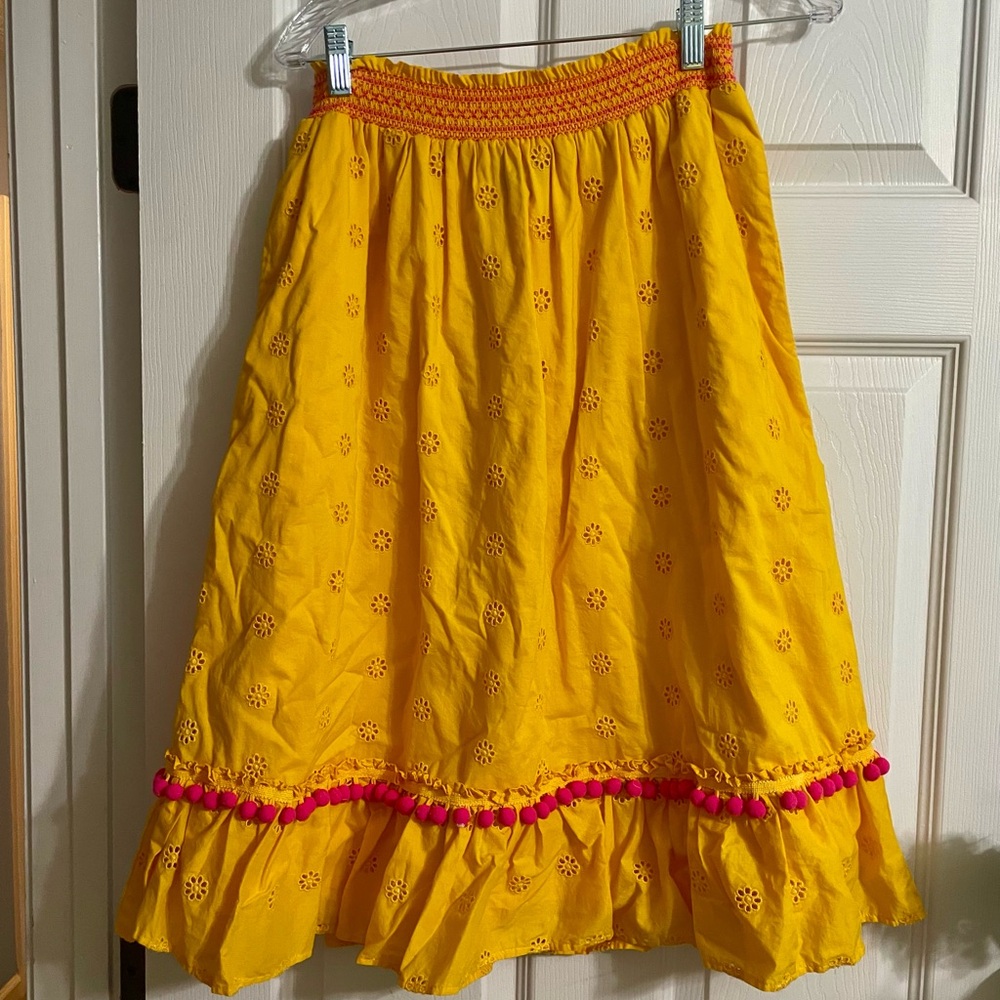 J. Crew yellow and pink smocked waist eyelet pom pom skirt, size 6